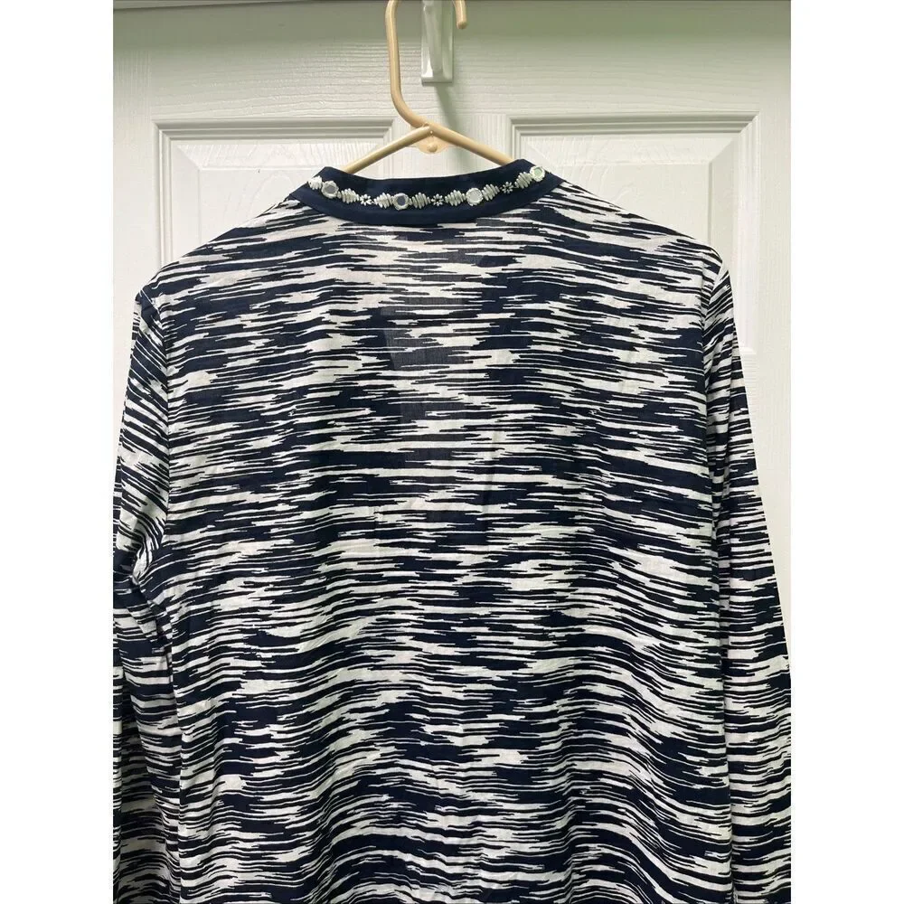 Tory Burch V-Neck Long Sleeve Mockneck Side Slit Mirror Accent Tunic Top Size 10